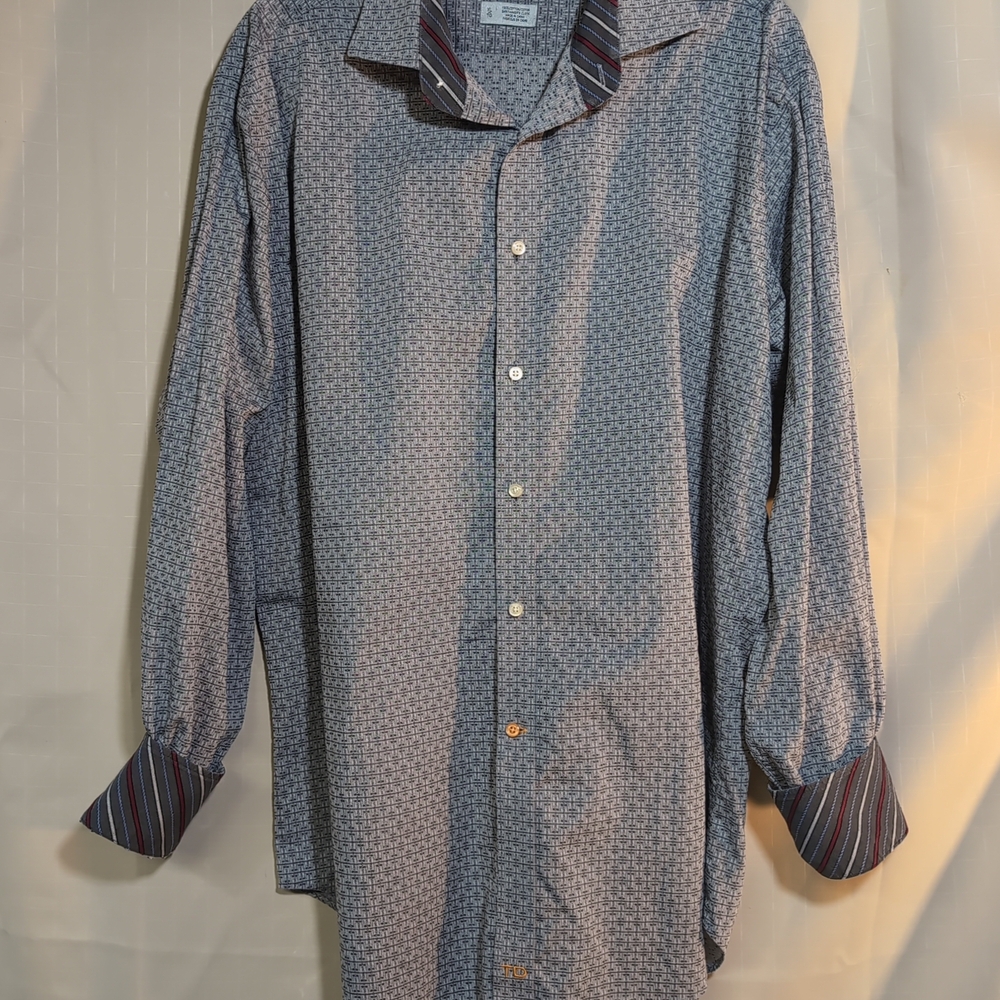 Thomas Dean Geometric Blue Shirt with Striped Cuffs